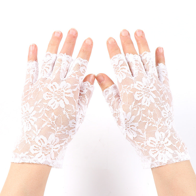 Half Finger Female Flower Black Sexy Cutout Mesh Gloves