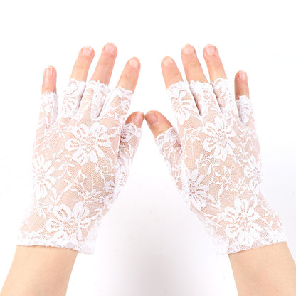 Half Finger Female Flower Black Sexy Cutout Mesh Gloves