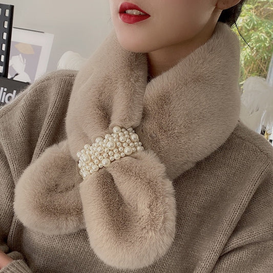 Women's Pearl Imitate Rex Rabbit Fur Plush Cross Thickened Scarfs