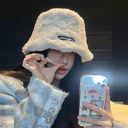 Women's Furry Bucket Hat Fleece-lined Warm Korean Hats & Caps