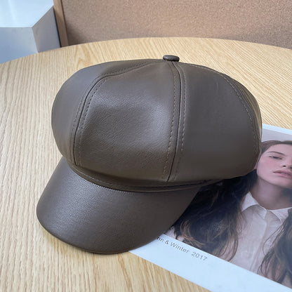 Women's Metal Label Painter Retro Leather Octagonal Style Hats & Caps