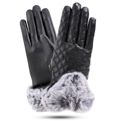 Women's Leather Touch Rex Rabbit Fur Mouth Gloves