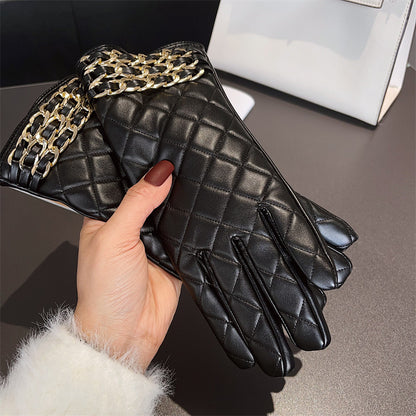 Women's Fleece-lined Metal Buckle Elegant Protein Leather Five Finger Gloves