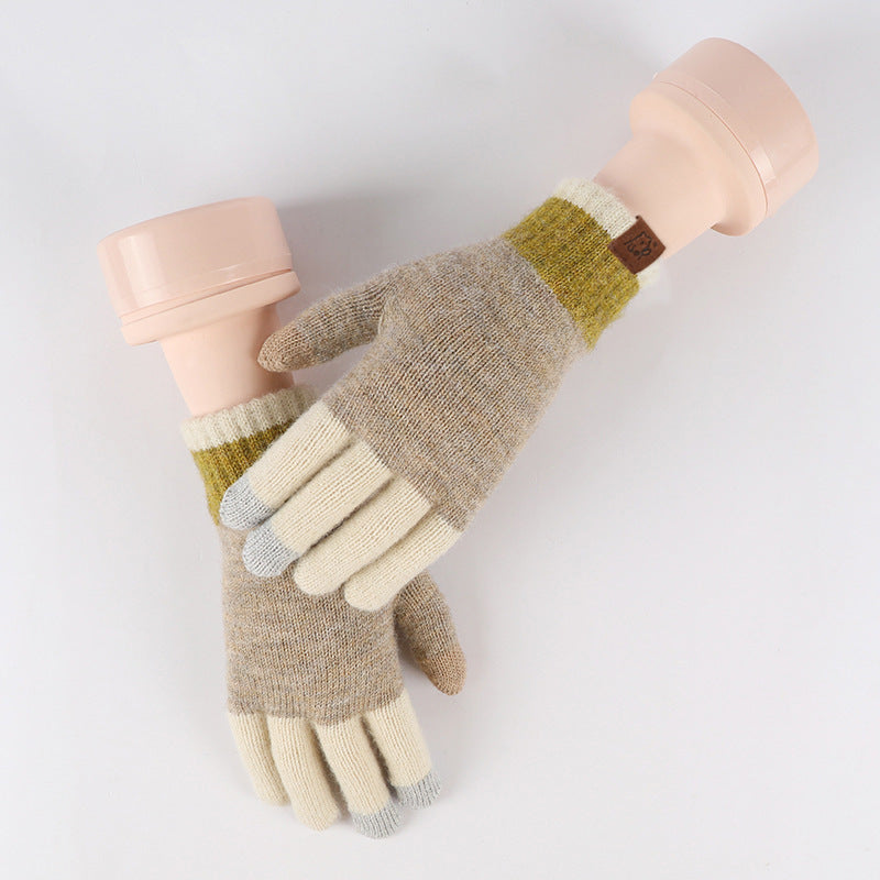 Wool Knitted Plaid Fleece-lined Thickened Cycling Five-finger Gloves