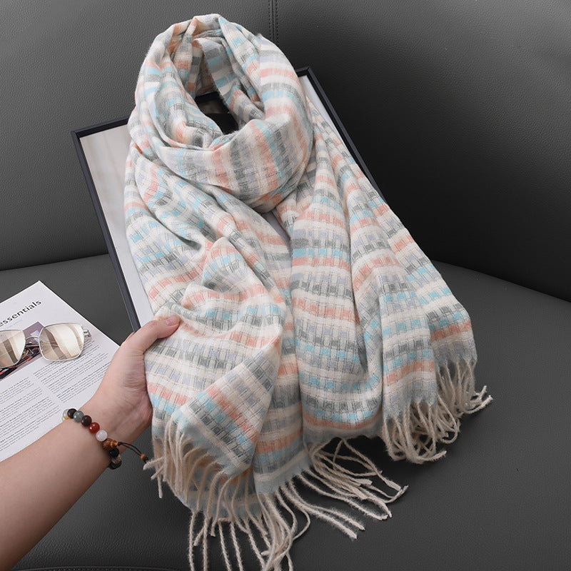 Women's Colorful Small Plaid Tassel Design Warm Scarfs