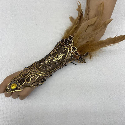 Halloween Feather Gothic Style Hollow Gold Gloves