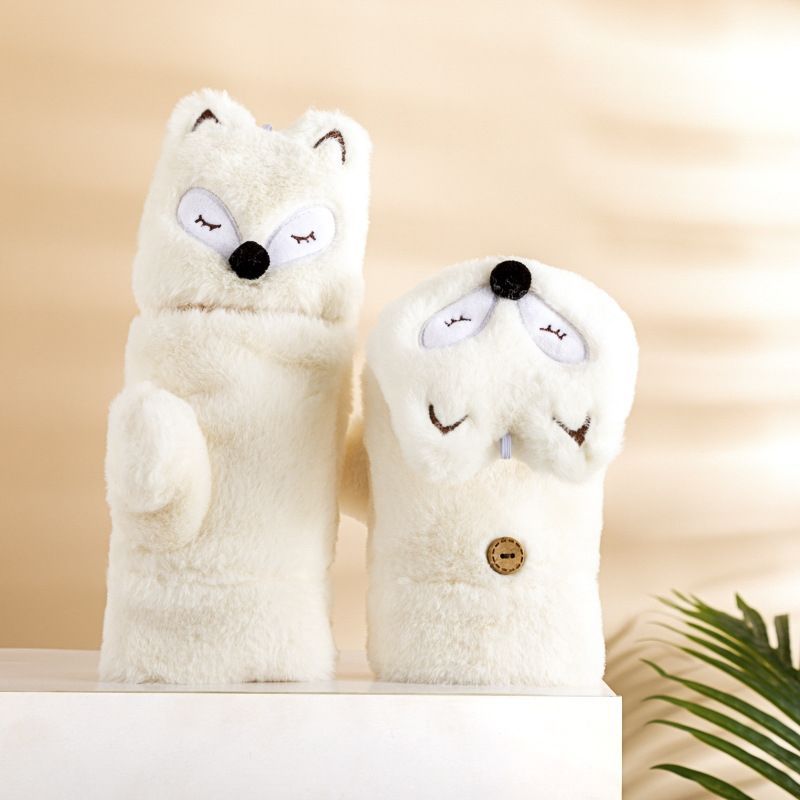 Fleece-lined Thickened Cartoon Cute Korean Style Little Fox Open Gloves