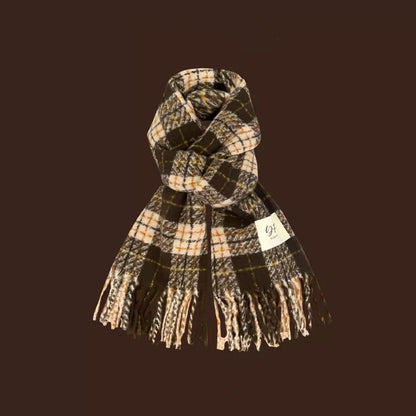 Style Plaid Retro Green Female Winter Scarfs