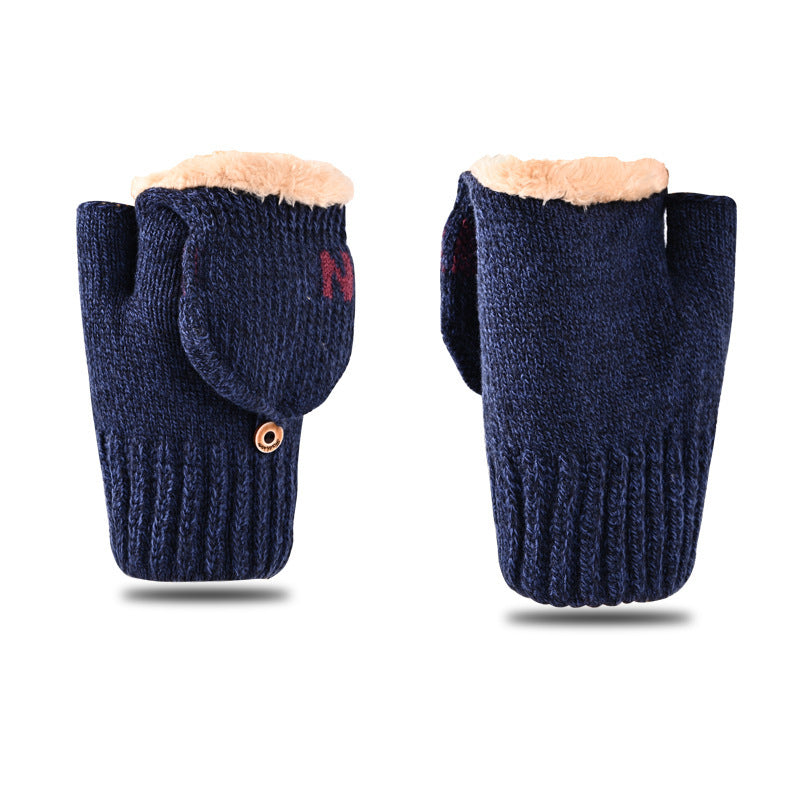 Men's Flip Letter Winter Fleece-lined Thickened Fingerless Knitted Gloves