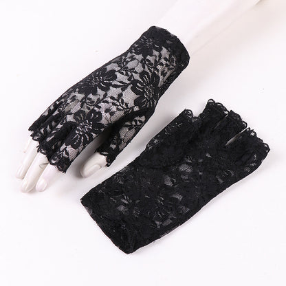 Half Finger Female Flower Black Sexy Cutout Mesh Gloves