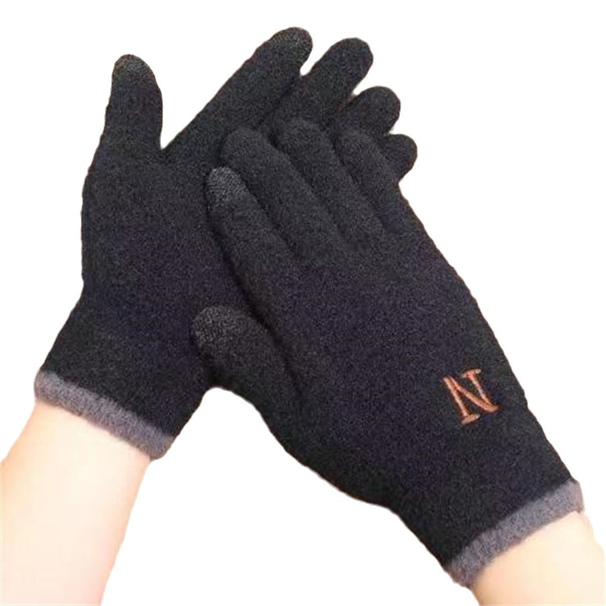 Screen Knitted Thickened Fleece-lined Full Finger Five Embroidery Gloves