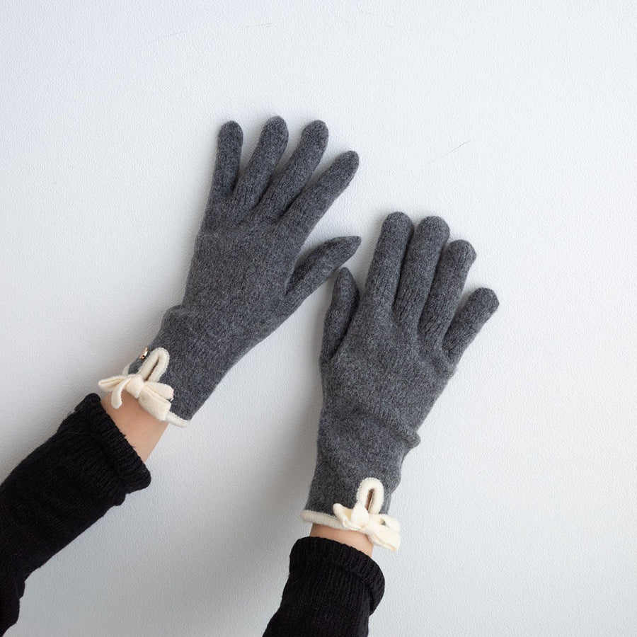 Women's Winter Bowknot Finger Wool Warm Touch Gloves