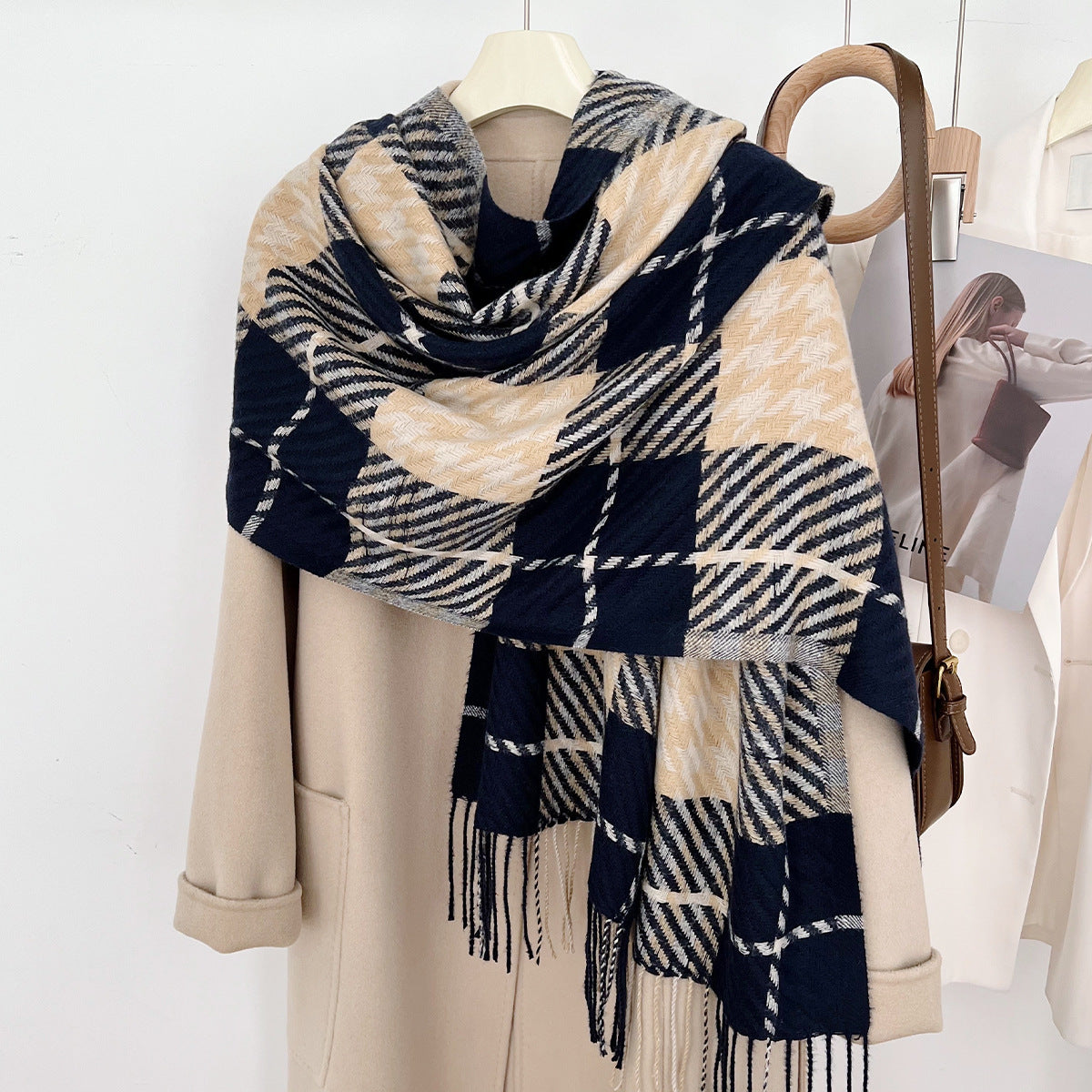 Women's Slouchy Plaid Korean Tassel Shawl Scarfs