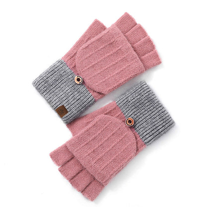 Women's Half Finger Flip Knitted Winter Cute Fleece-lined Outdoor Warm Gloves