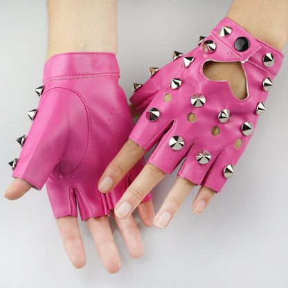 Women's Dancing Half Finger Leather Ding Design Fashion Punk Gloves