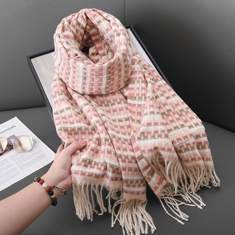 Women's Colorful Small Plaid Tassel Design Warm Scarfs