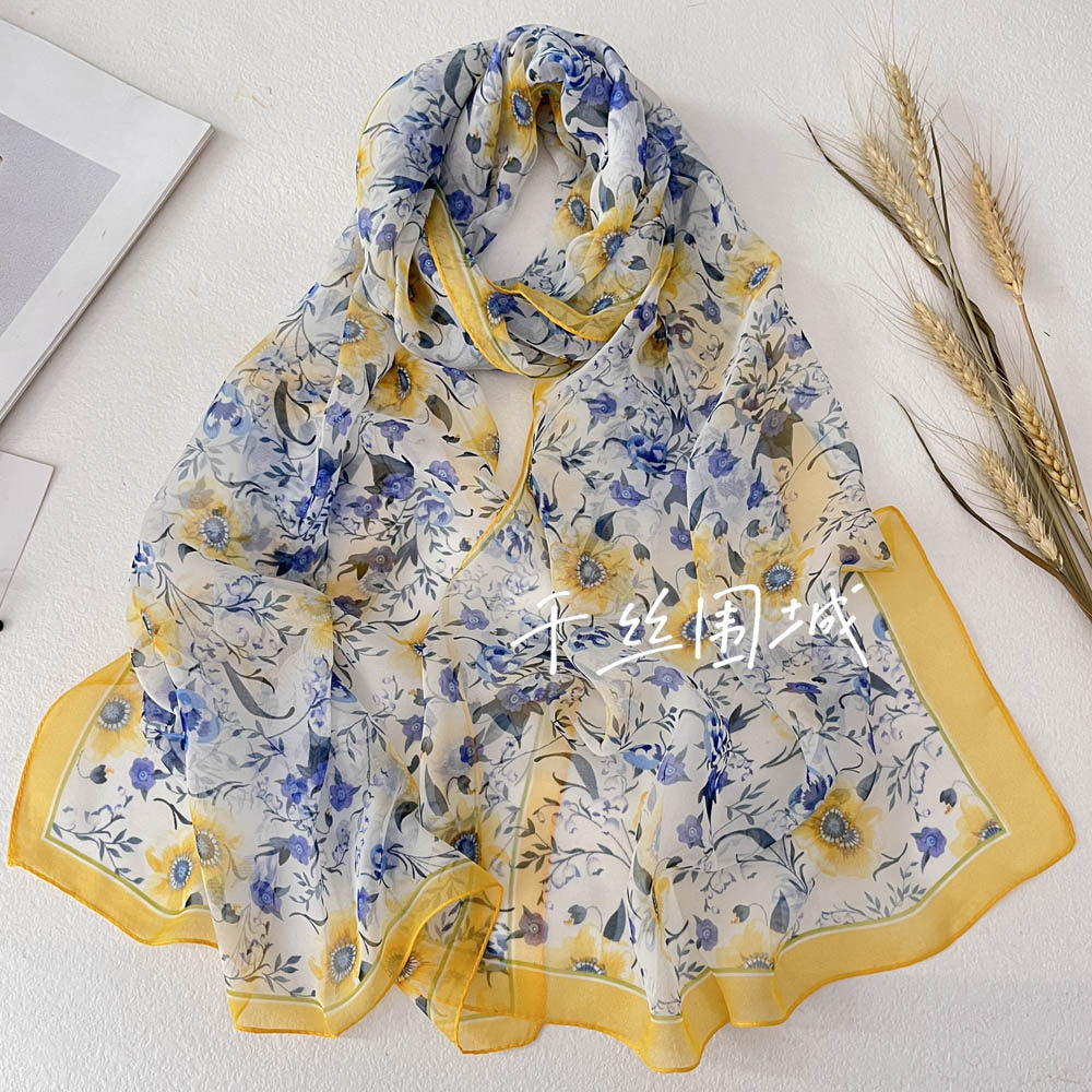 Women's Printed Silk Sunflower Thin Floral Chiffon Scarfs