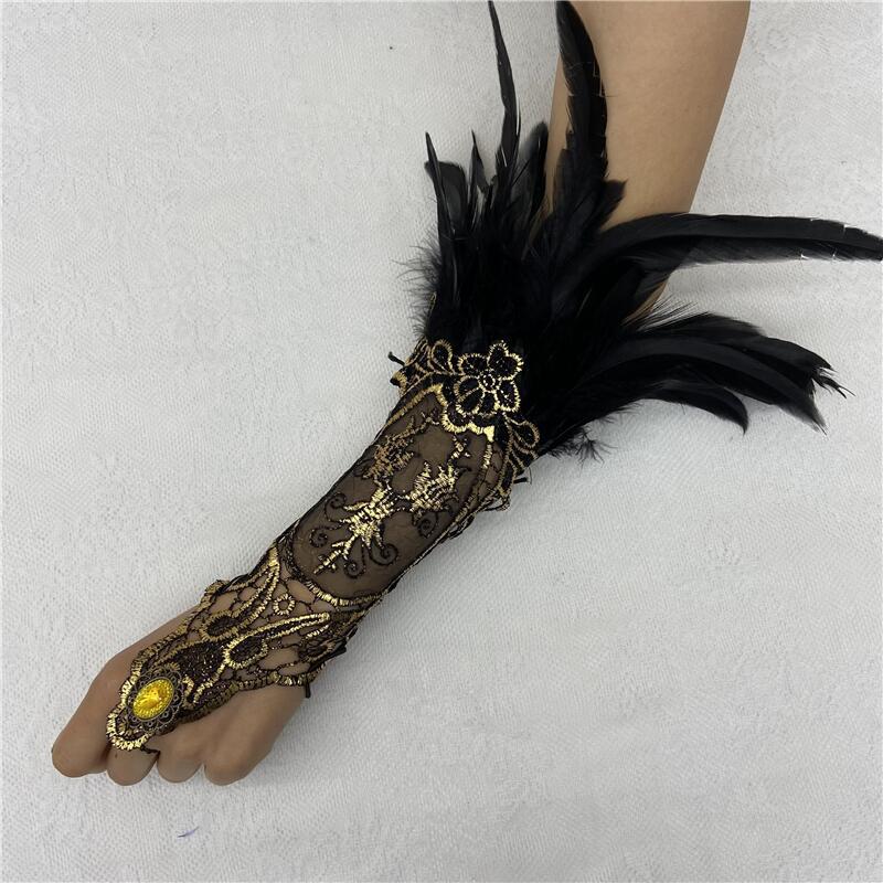 Halloween Feather Gothic Style Hollow Gold Gloves