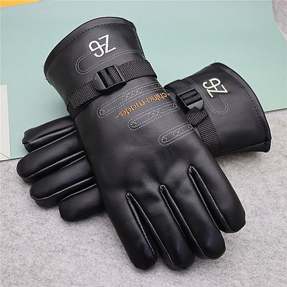 Men's Leather Thickened Version Long Veet Lining Warm Cycling Gloves