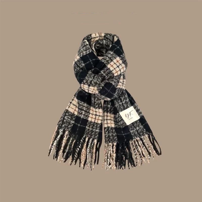 Style Plaid Retro Green Female Winter Scarfs