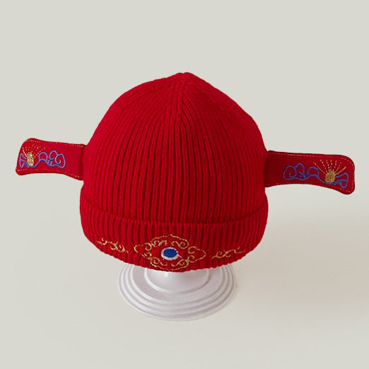 Children's Knitted Hat Festive Red Cross Woolen Kids' Headwear