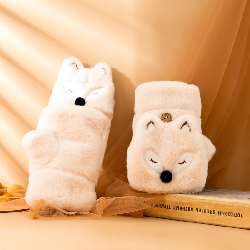 Fleece-lined Thickened Cartoon Cute Korean Style Little Fox Open Gloves