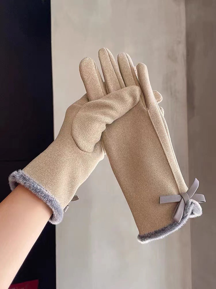 Women's Gentle Frayed Bow Winter Outdoor Riding Gloves