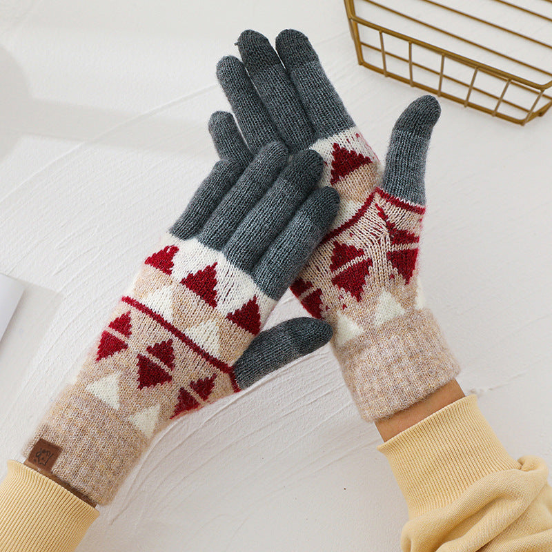 Wool Knitted Plaid Fleece-lined Thickened Cycling Five-finger Gloves