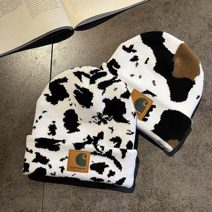 Women's Black White Retro Fashion Cows Pattern Knitted Wool Hats & Caps