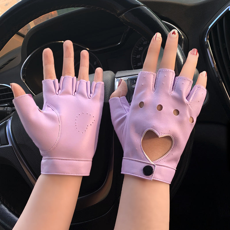 Lady Half Finger Leather Imitation Performance Gloves