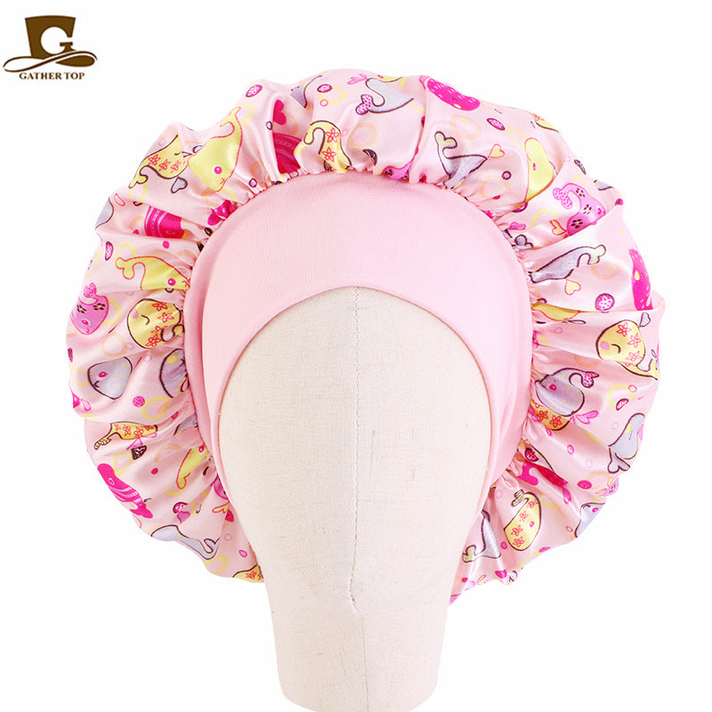 Children's Cartoon Elastic Wide-brimmed Satin Nightcap Shower Kids' Headwear