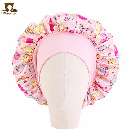 Children's Cartoon Elastic Wide-brimmed Satin Nightcap Shower Kids' Headwear