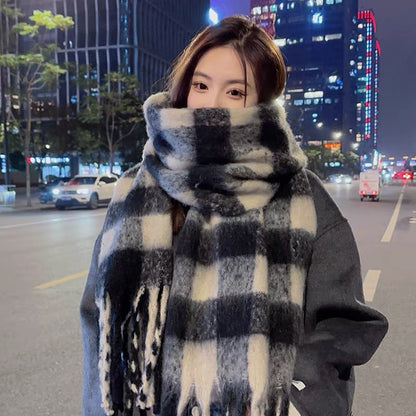 Women's & Men's Black White Plaid Korean Style Couple Scarfs