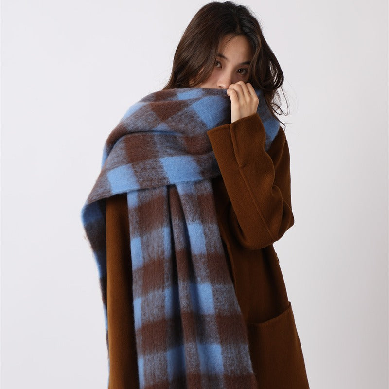 Women's Winter Warm High-grade Fashionable Blue Plaid Scarfs