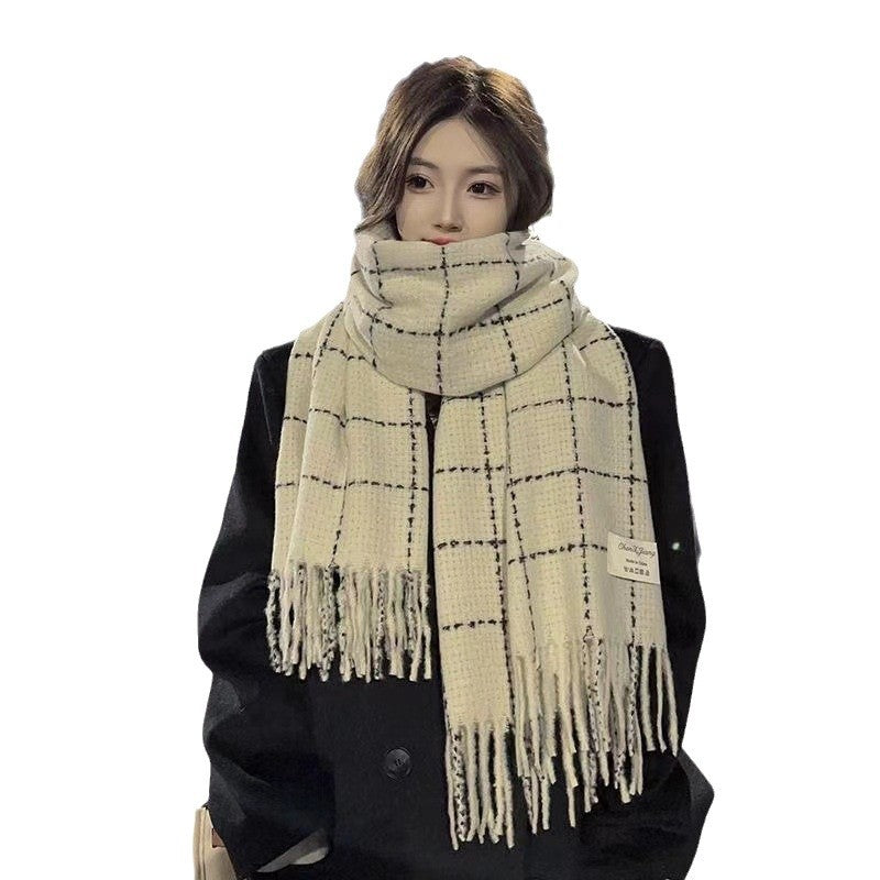 Style Plaid Tassel Winter Cashmere Thick Warm White Shawl Scarfs