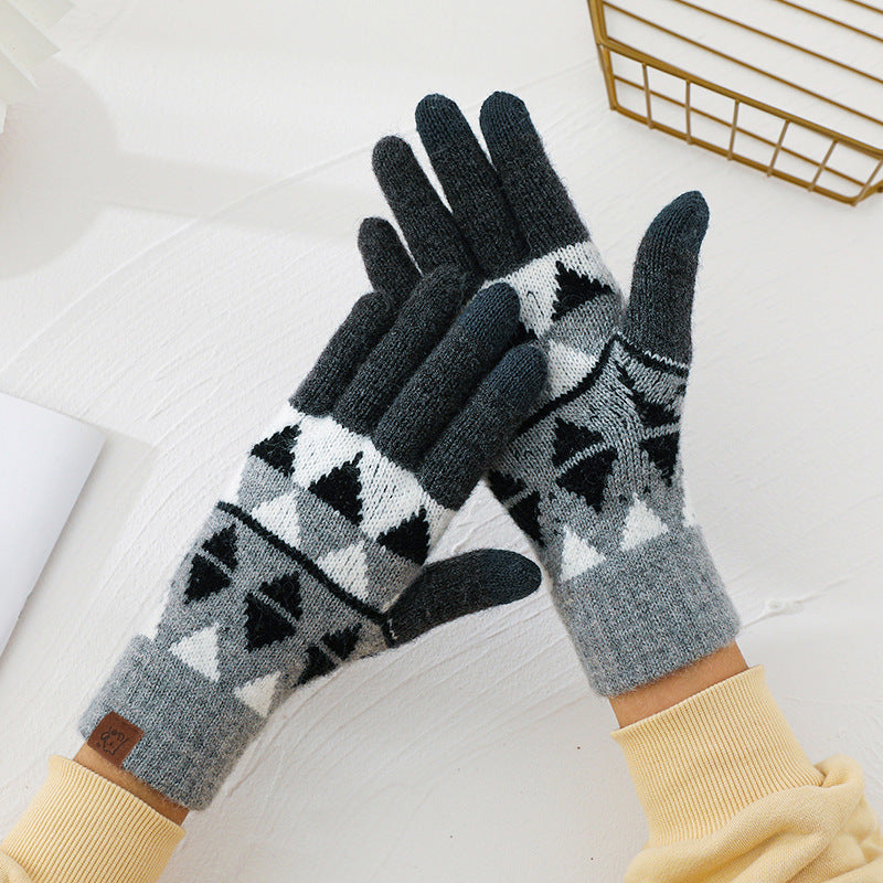 Wool Knitted Plaid Fleece-lined Thickened Cycling Five-finger Gloves