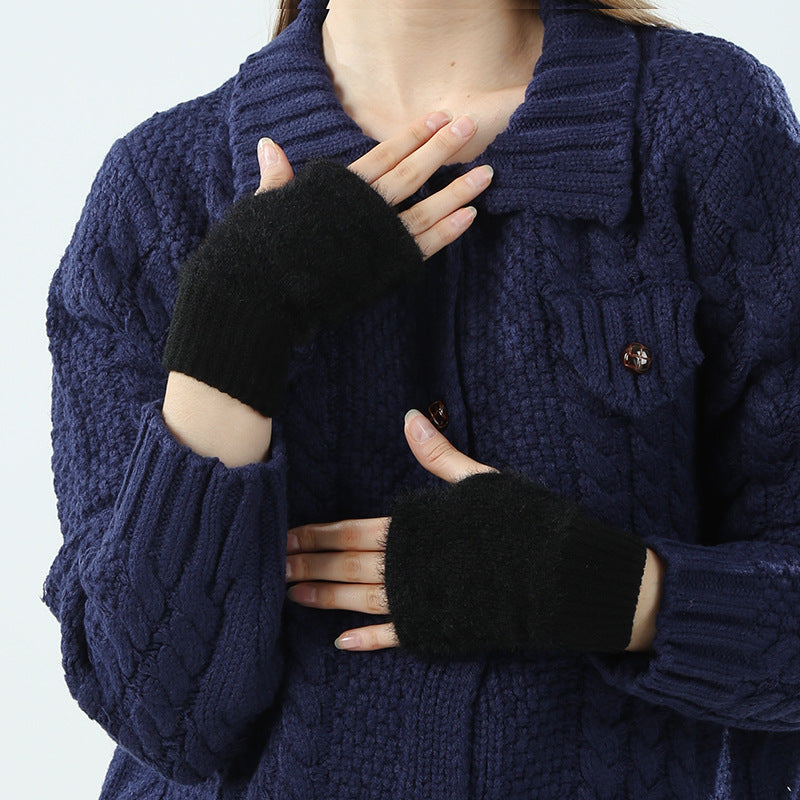 Women's Plush Open Finger Knitted Half Office Gloves