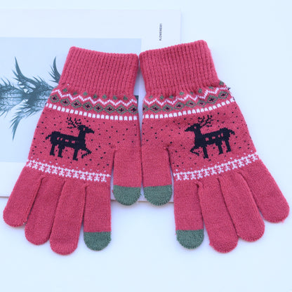 Female Deer Jacquard Fleece Lining Thickened Mobile Phone Gloves