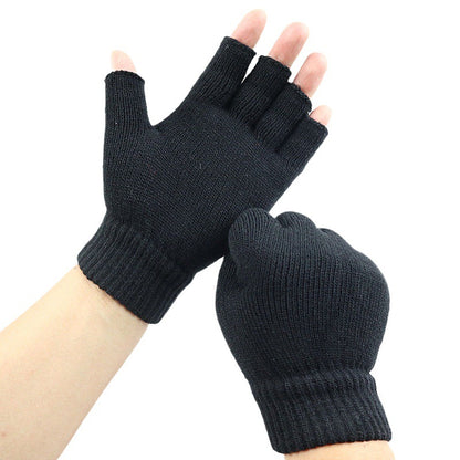 Women's & Men's Black Half Finger Adult Open Wool Gloves