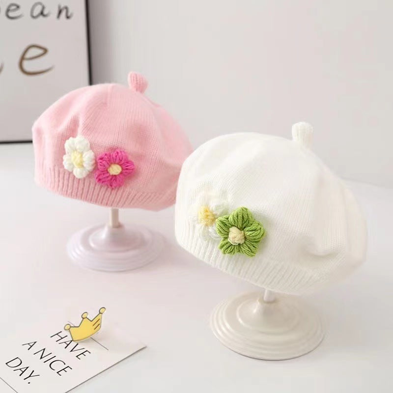 Hat Knitted Beret Cute Flower Painter Kids' Headwear