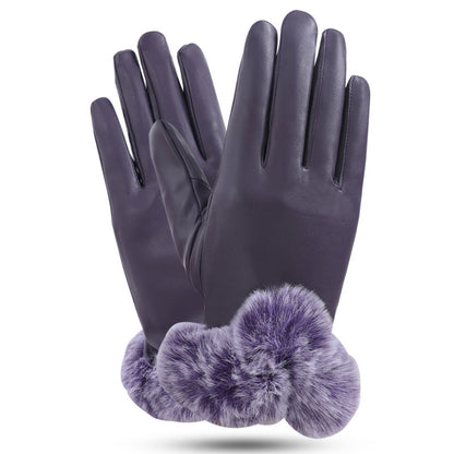 Women's Leather Touch Rex Rabbit Fur Mouth Gloves