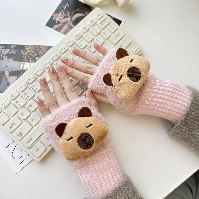 Half Finger Cartoon Knitted Bracers Thick Gloves