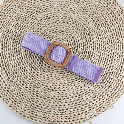 Women's Straw Woven Round Square Buckle Dress Belts