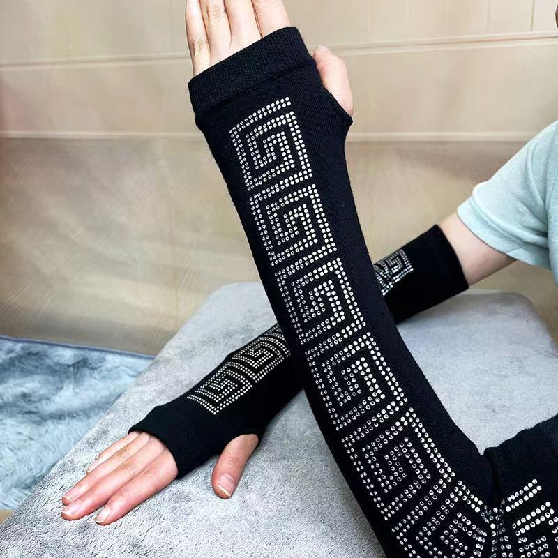 Women's Long Light Diamond Fingerless Knitted Thickened Gloves