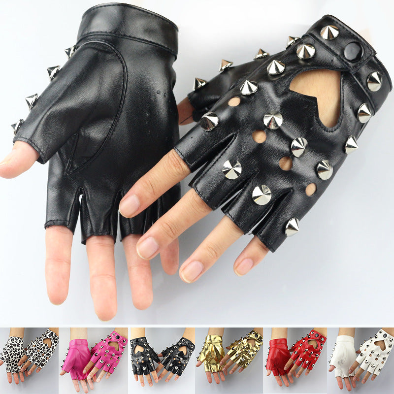 Women's Dancing Half Finger Leather Ding Design Fashion Punk Gloves