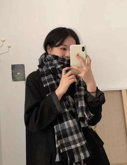 Women's Winter High-grade Mohair Black White Plaid Scarfs