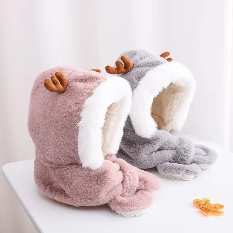 Children's Antlers Plush Bonnet Integrated Thickened Cold Kids' Headwear