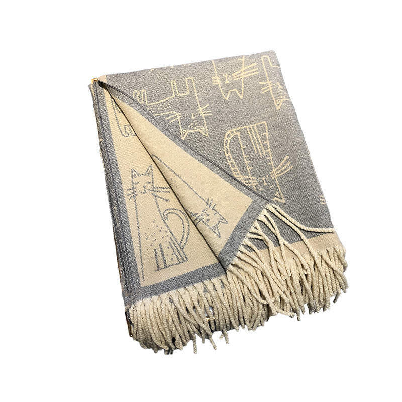 Women's Thick Tassel Cat Printing Shawl Warm Scarfs