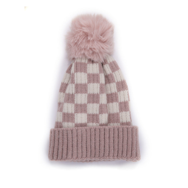 Style Trendy Woolen Boys Chessboard Plaid Knitted Kids' Headwear