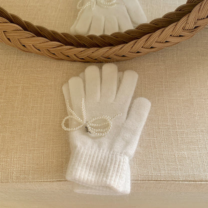 Women's Pearl Bow With Angora Winter Warm Gloves